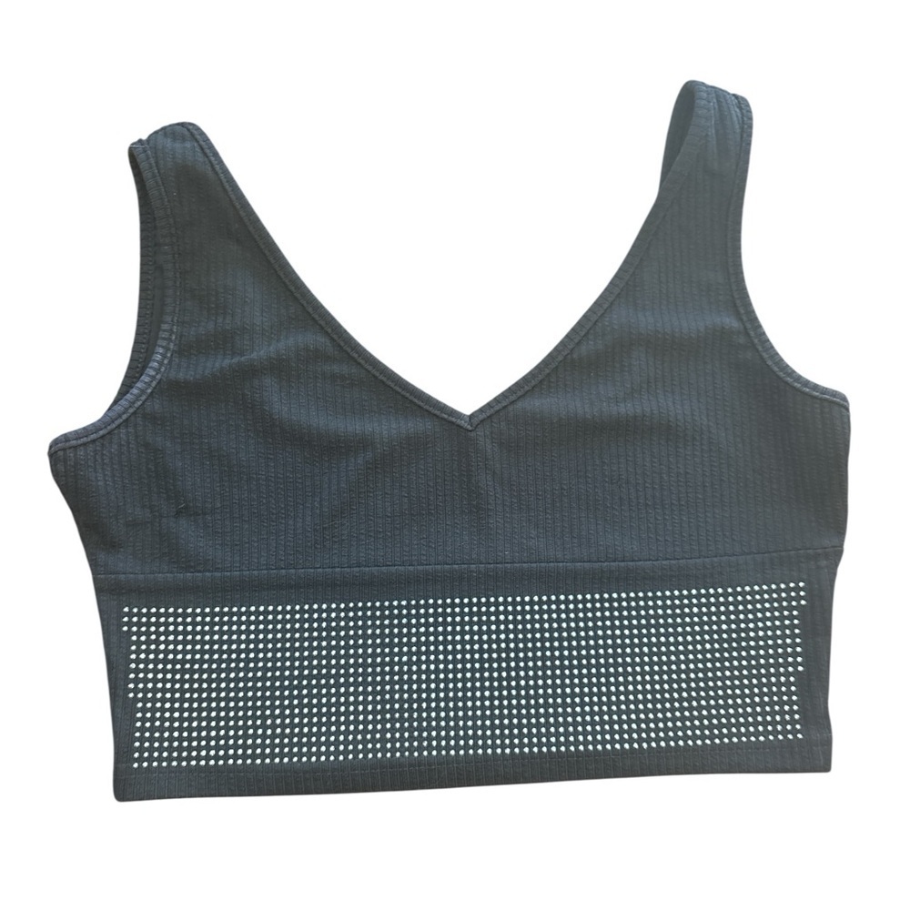 Black Ribbed V-Neck Seamless Bralette with Decorative Rhinestone Band